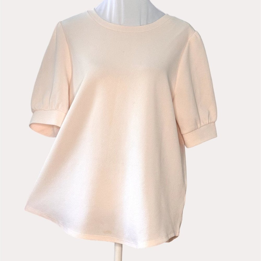 Adrianna Papell Slinky Knit Puff Sleeve Blouse Top Peach L NWOT fp